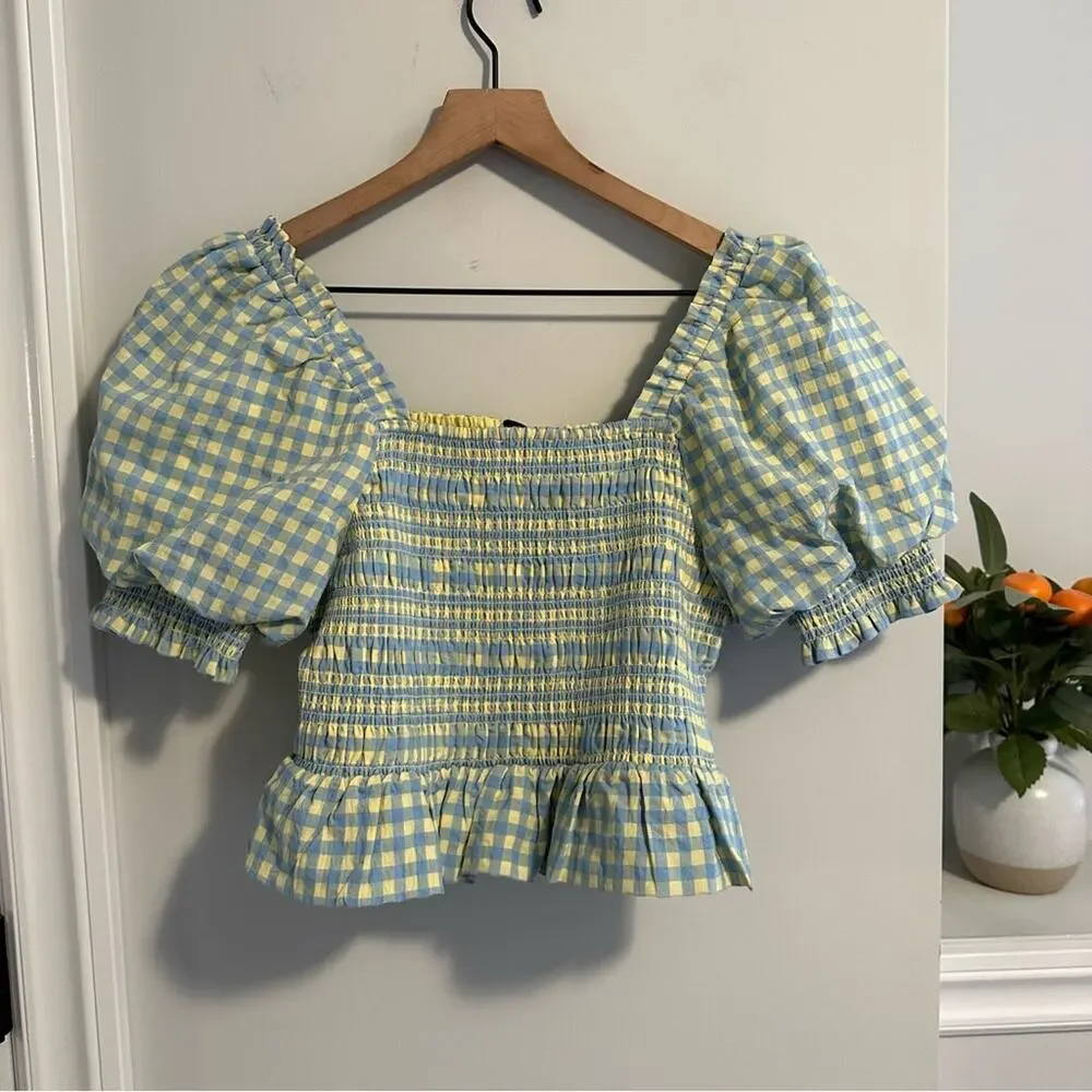 Tuckernuck English Factory Blue Yellow Cotton Plaid Smocked Blouse Top Small